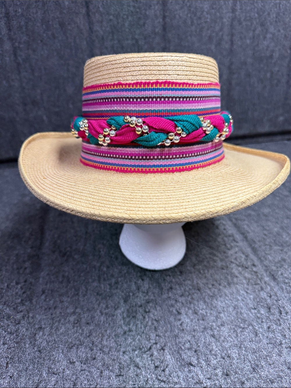 Maya Quiche Indian Straw Boater Hat with Pink & Teal Braided Band - Picture 1 of 6